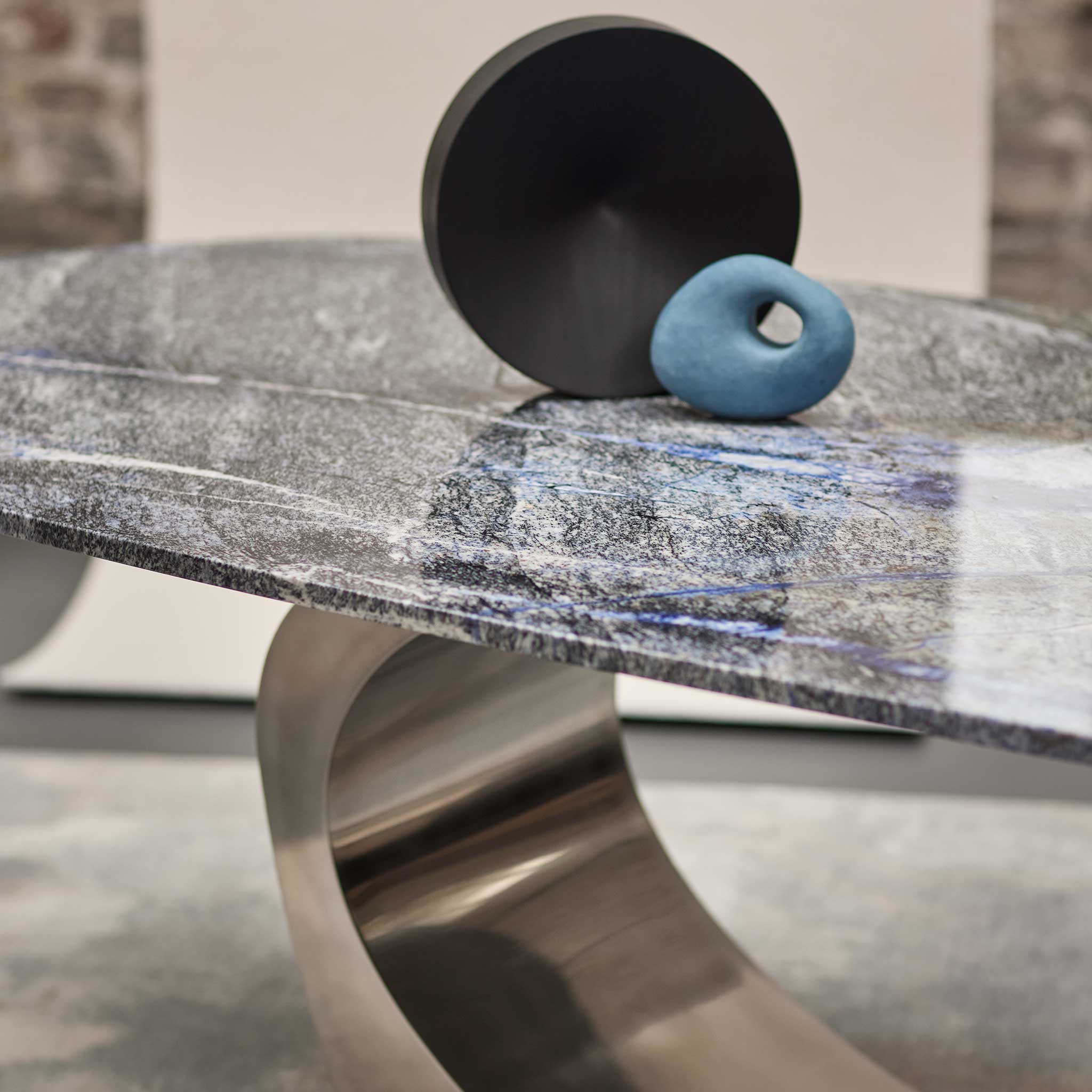 Skye Dining Table in MW with Katuba Blue Stone detail