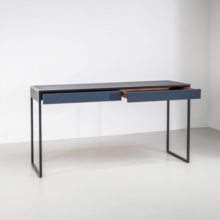 Albany console finished in "Charcoal" with Atlantic Blue Leather 