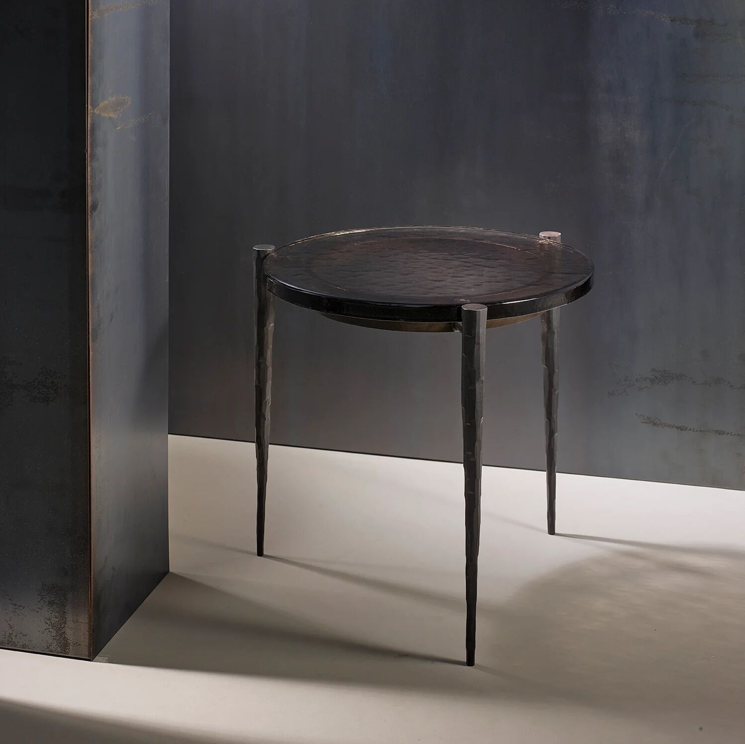 With Hammered legs & 'Smoke' hand-cast glass top
