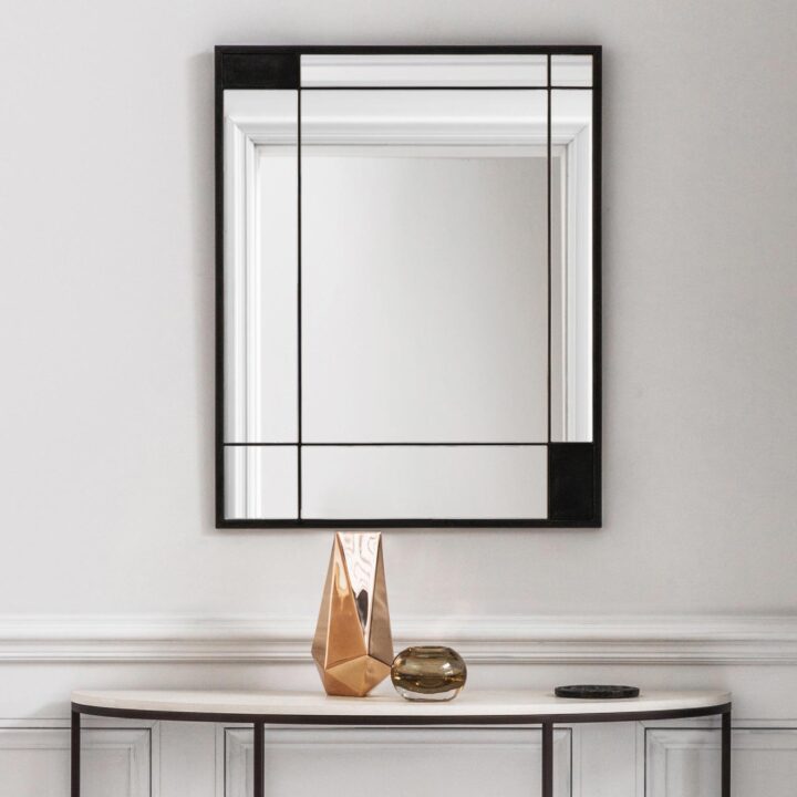 Albany mirror finished in ‘Charcoal’ + Madison Demi-Lune console finished in ‘Bronze’ with a Limestone top