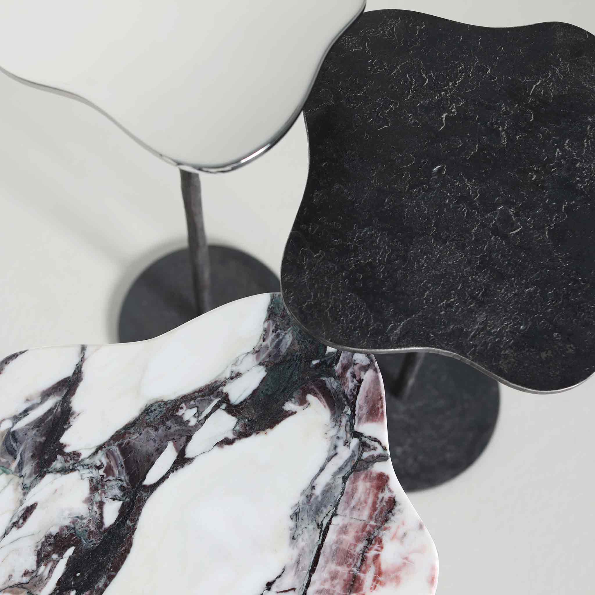 Finished in "Moon" with Polished stainless steel, Breccia Capraia marble and Moon tops