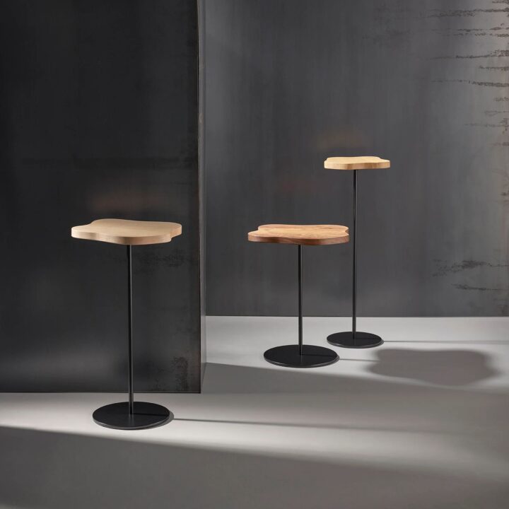 Lily cocktail tables, finished in "Anthracite" with Beech, Oak & Maple tops