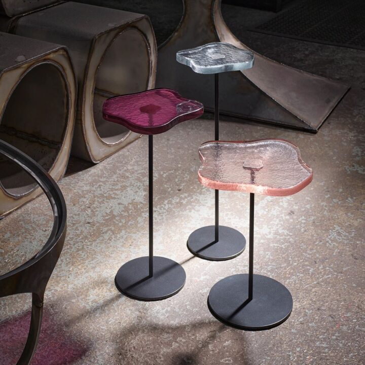 Lily cocktail tables, finished in "Anthracite" with Clear, Peach & Amethyst tops