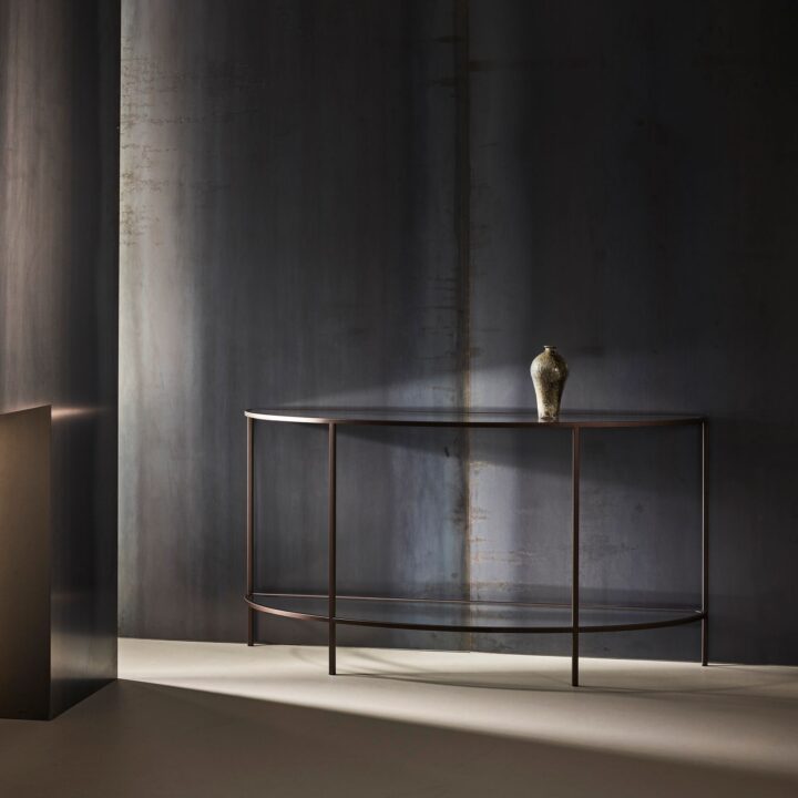 Madison finished in "Bronze" with standard clear glass top and shelf, large