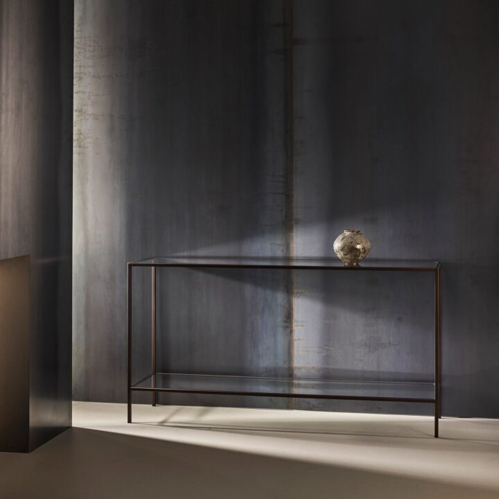 Madison finished in "Bronze" with standard clear glass top and shelf, large