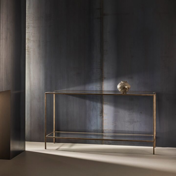 Madison finished in "Florentine Gold" with standard clear glass top and shelf, large