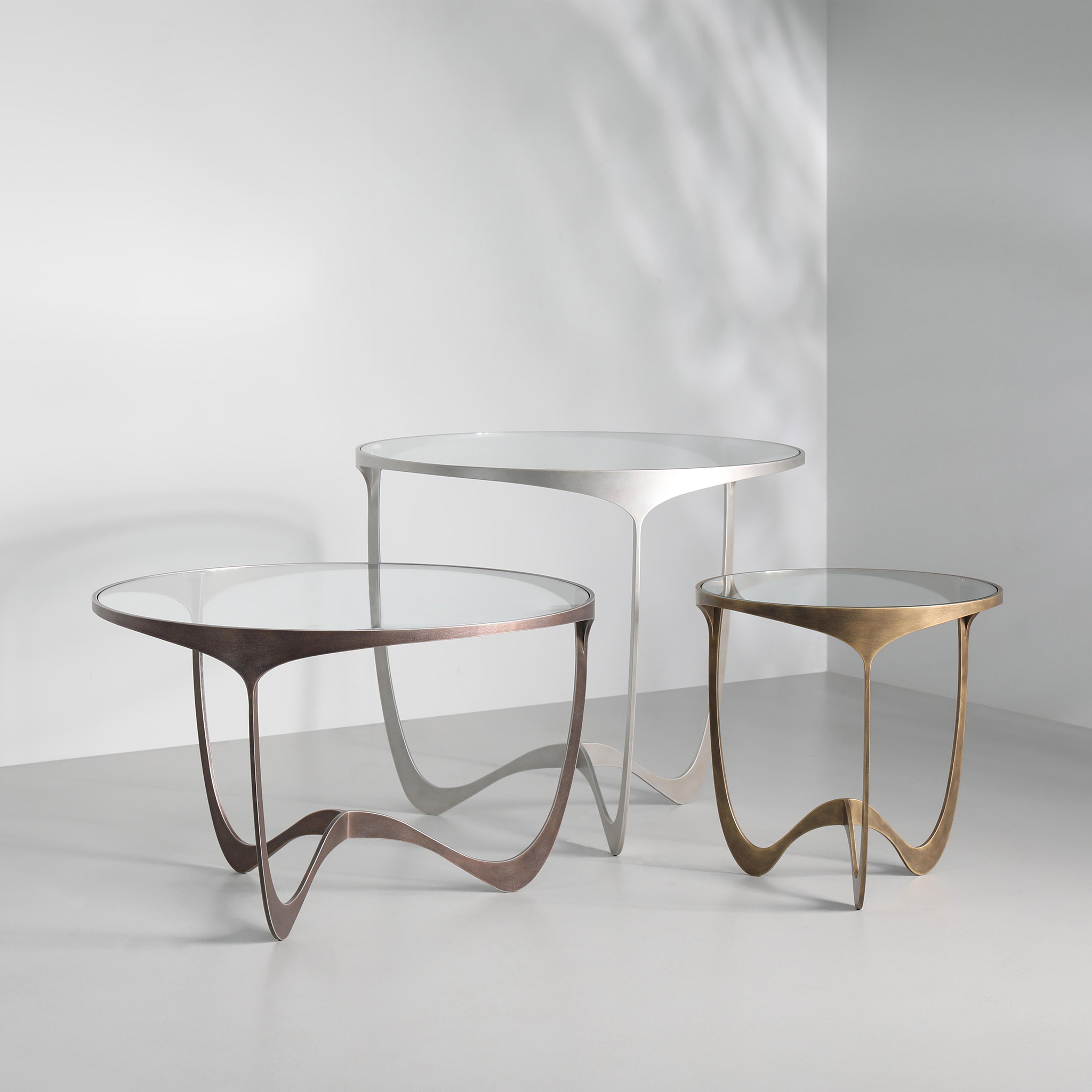 Memphis side table finished in "Rose Pewter" 80x50cm, "Persian Silver" 80x68cm, and "Florentine Gold" 50x50cm