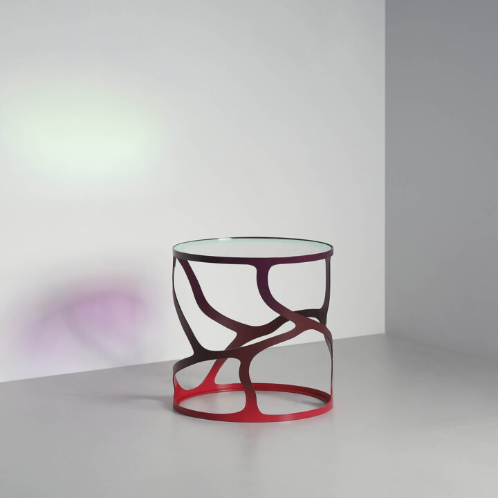 Finished in "Baronet Red" with a dichroic glass top