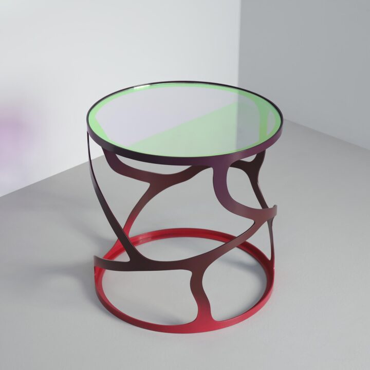 Finished in "Baronet Red" with a dichroic glass top