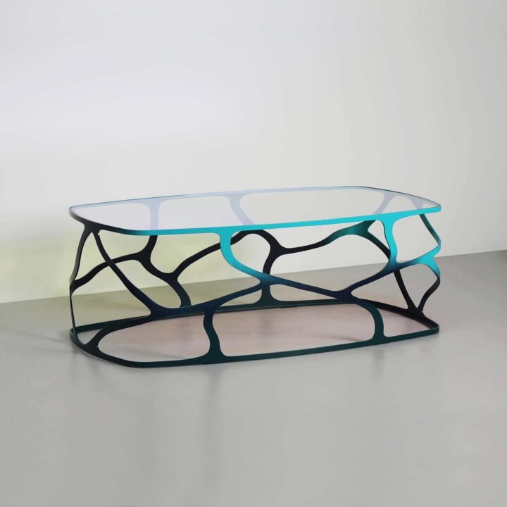 Finished in "Ulysses Blue" with Dichroic glass top