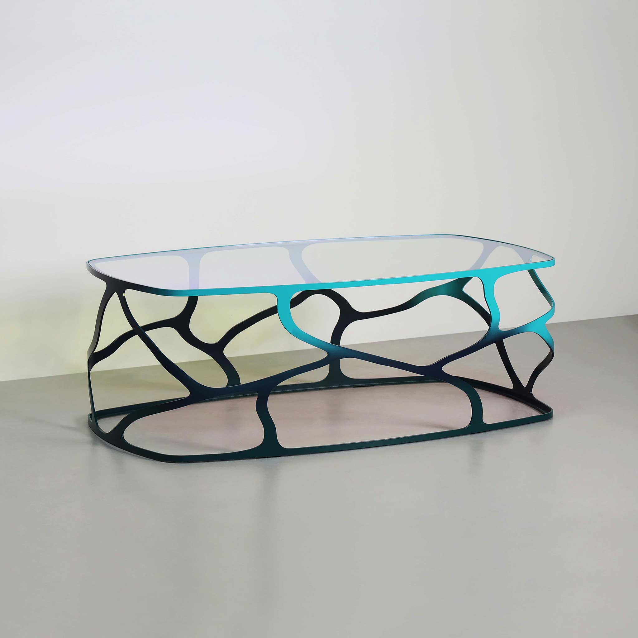 Finished in "Ulysses Blue" with Dichroic glass top