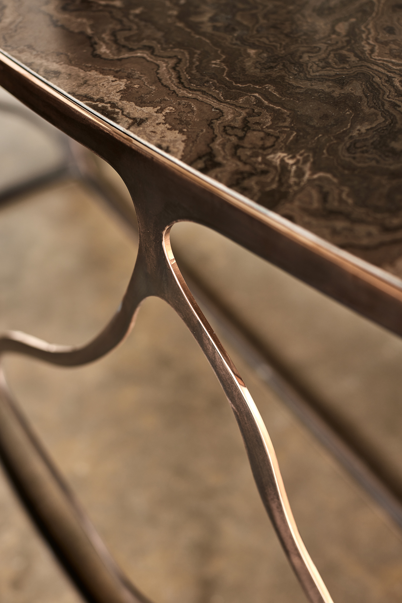 Papillon Console Bronze with AB Patina and Eramosa detail