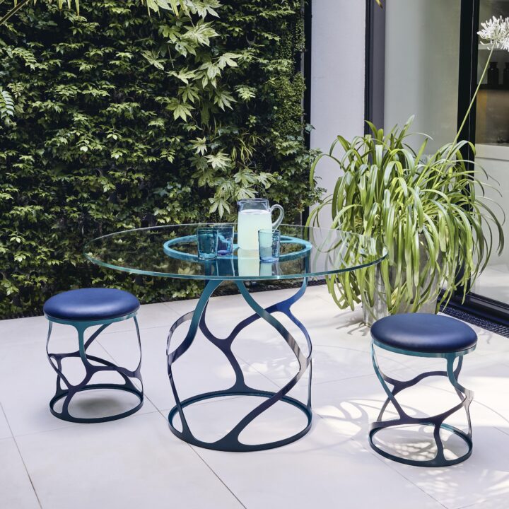 Papillon Round Dining Table + Stools in Ulysseys Blue with Atlantic Blue leather