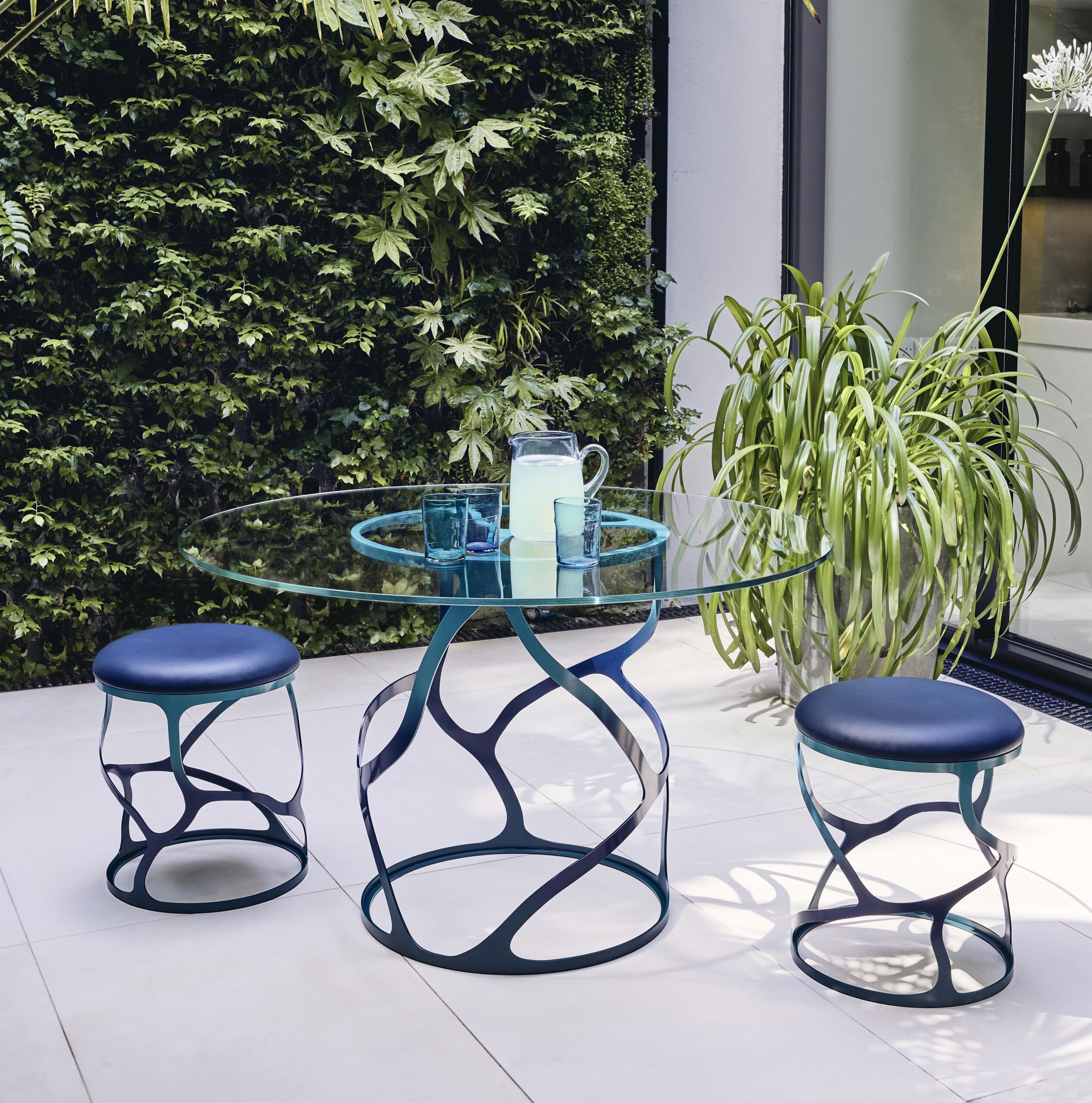 Papillon Round Dining Table + Stools in Ulysseys Blue with Atlantic Blue leather
