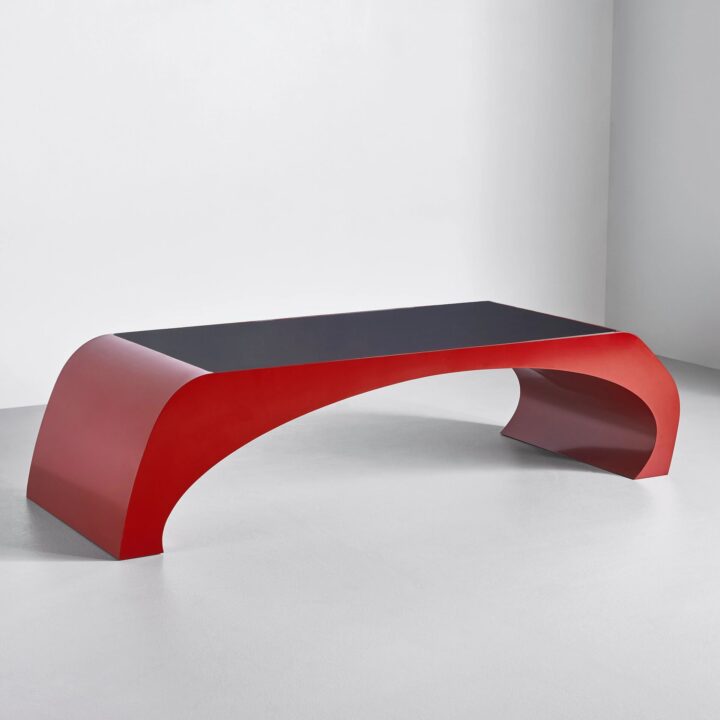 Finished in "Tuscan Red" with black glass top