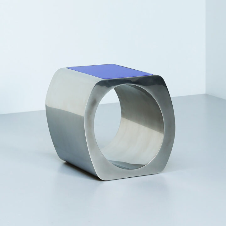 Skye side table in satin polished stainless steel and ultramarine glass